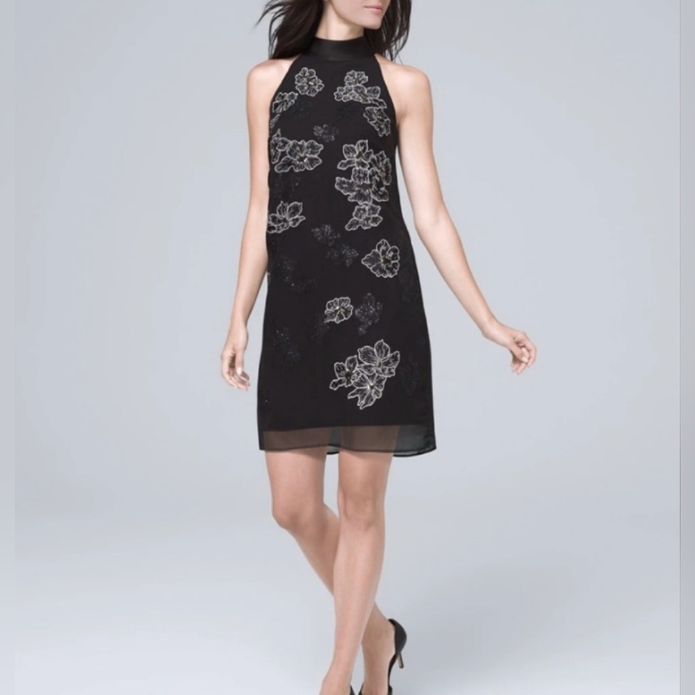 White House Black Market Dress Black Silver Beaded Shift Halter Size Small NWT